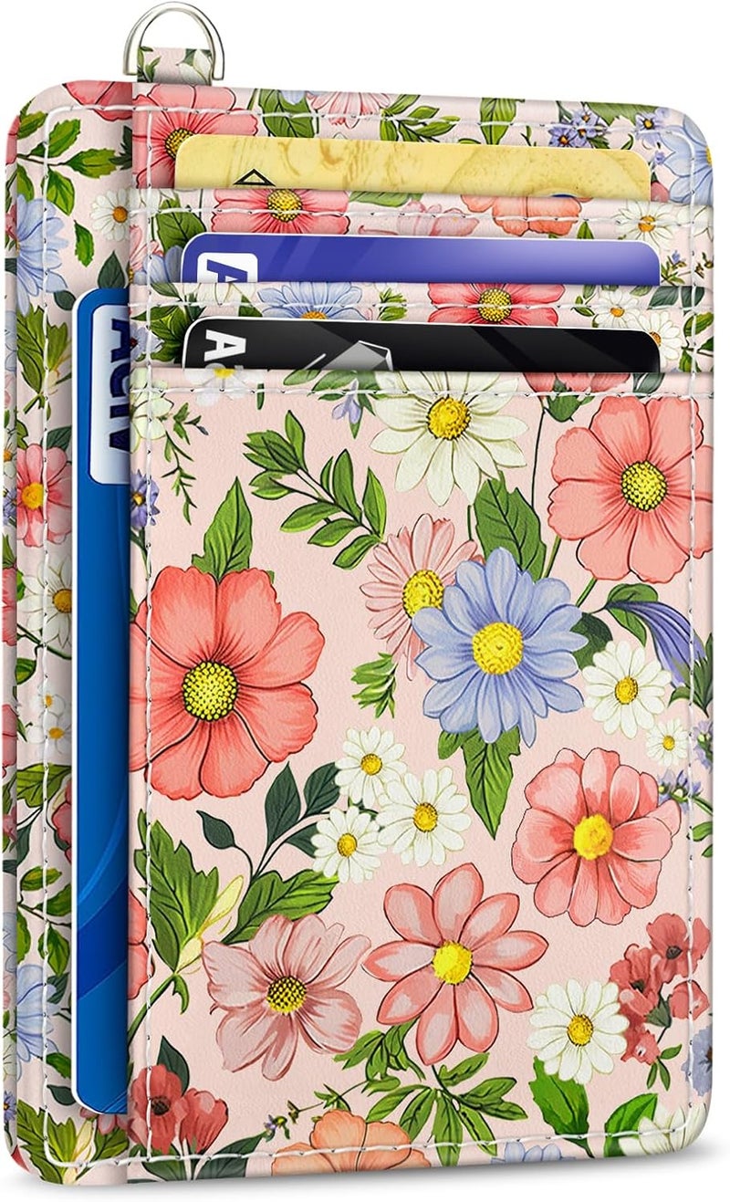 Yonlevres Credit Card Holder Slim Wallet, Floral RFID Wallet Women Front Pocket Small Card Holder, Travel Cute Thin with ID Window PU Leather RFID Blocking Case Organizer Gift Girls Ladies - Image 1